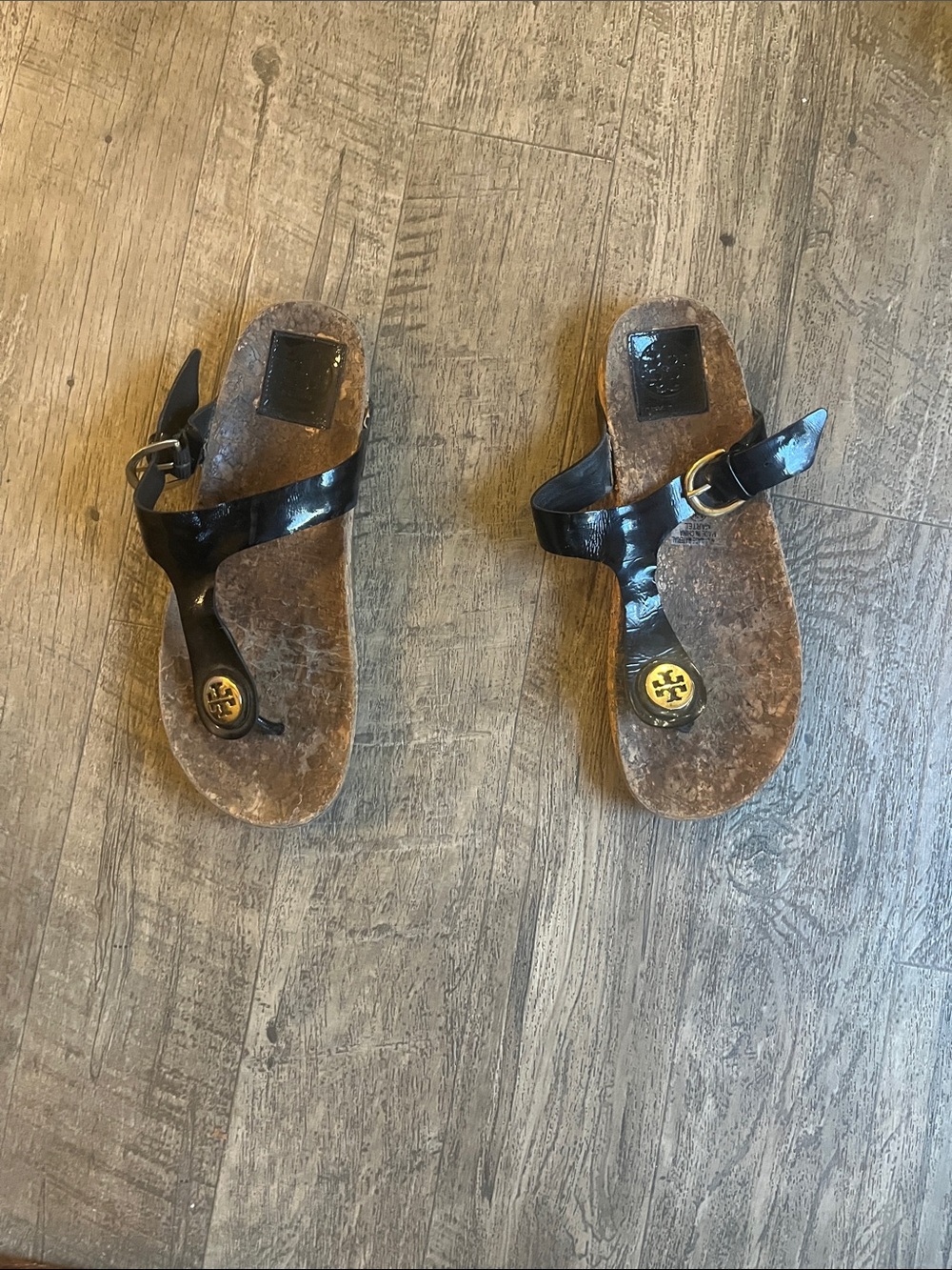 Tory Burch Black Patent Leather Logo Thong Sandals